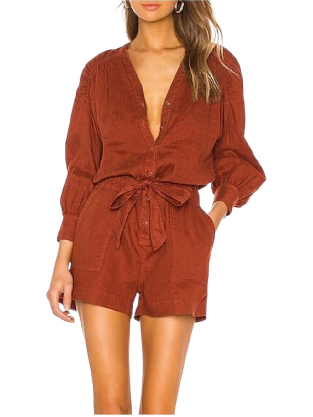 Joie Bosworth Sepia 100% Linen Tie Waist Romper Jumpsuit Medium